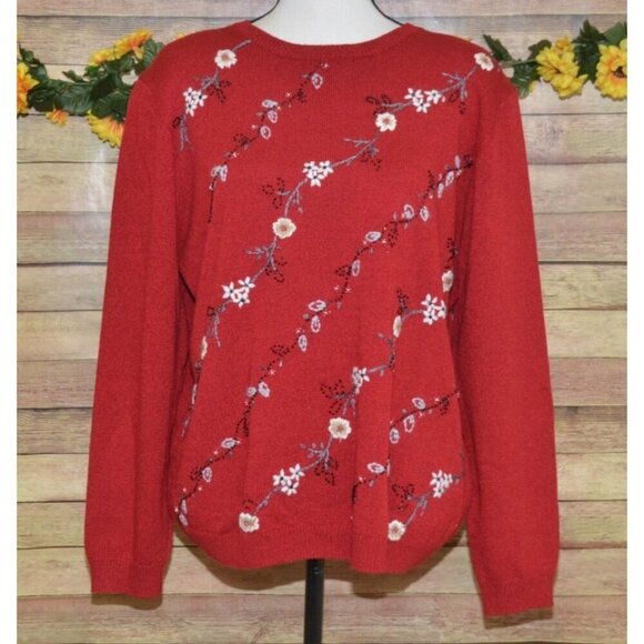 Alfred Dunner Ladies XL Red Beaded Embroidered Floral Long Sleeve Sweater - Picture 1 of 9